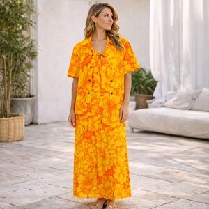 Vintage 70 Hawaiian Maxi Dress Shirt Set Kimi’s King’s Alley Waikiki ILGWU Union